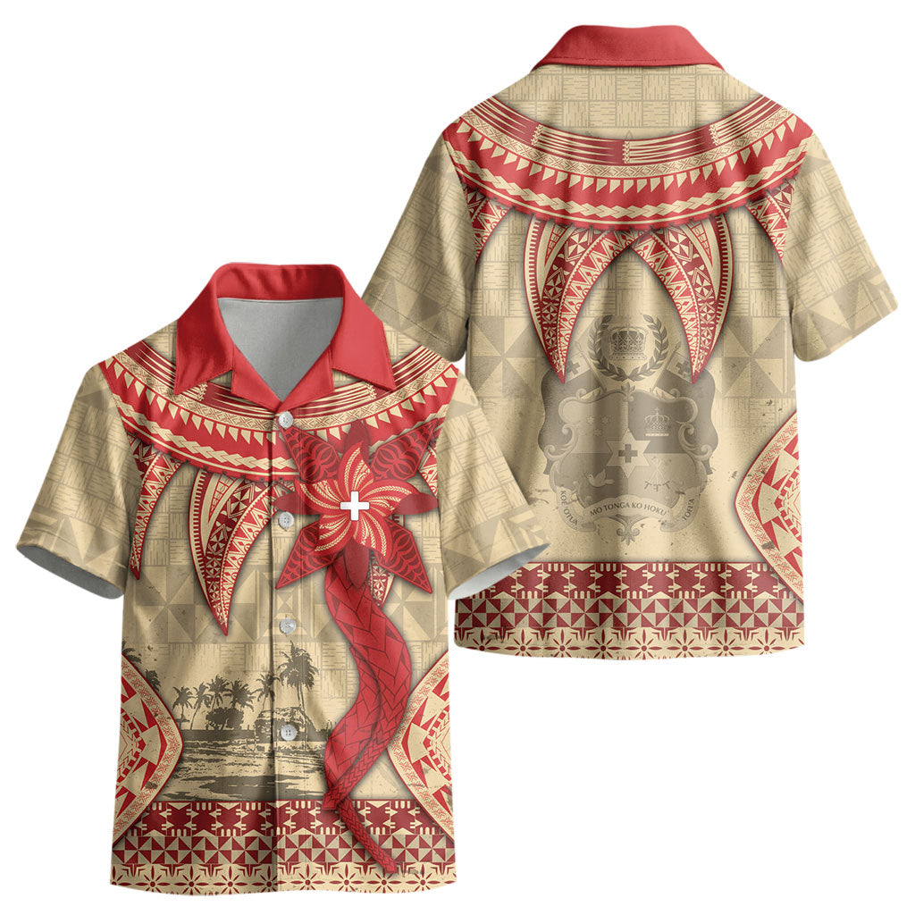 Tonga Language Week Kid Hawaiian Shirt Tribal Cross Ngatu Floral Pattern