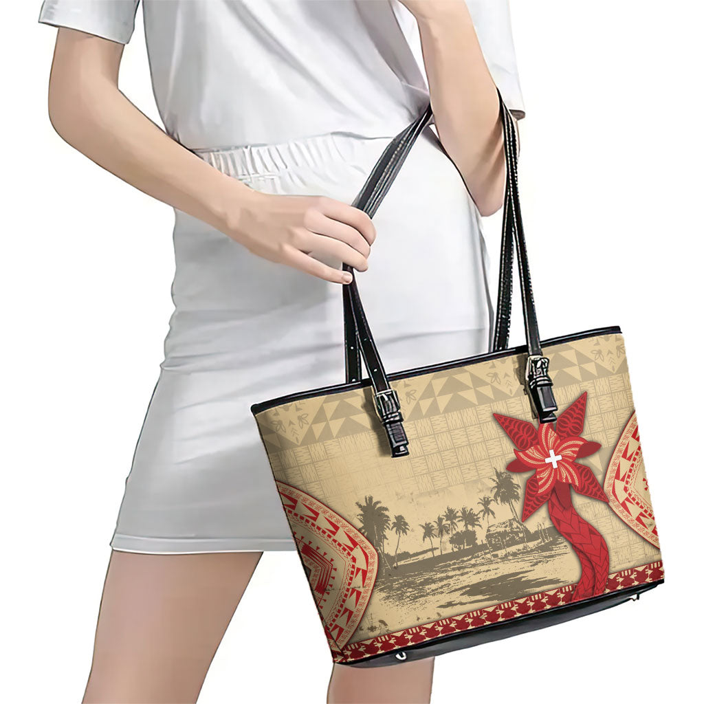 Tonga Language Week Leather Tote Bag Tribal Cross Ngatu Floral Pattern