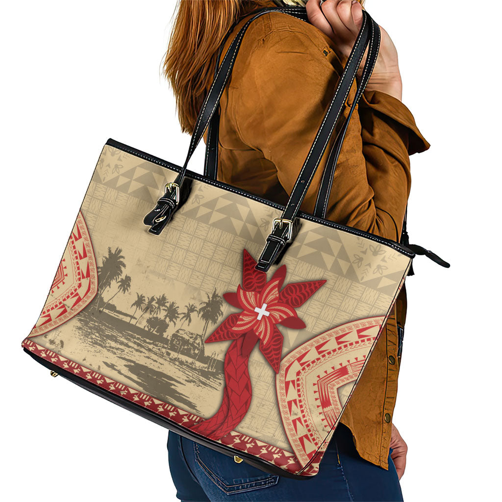 Tonga Language Week Leather Tote Bag Tribal Cross Ngatu Floral Pattern