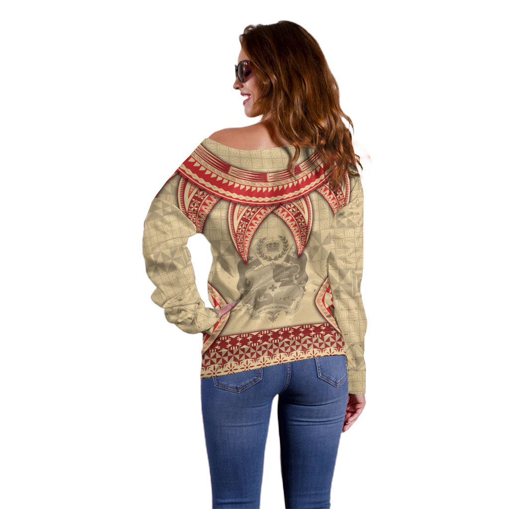 Tonga Language Week Off Shoulder Sweater Tribal Cross Ngatu Floral Pattern