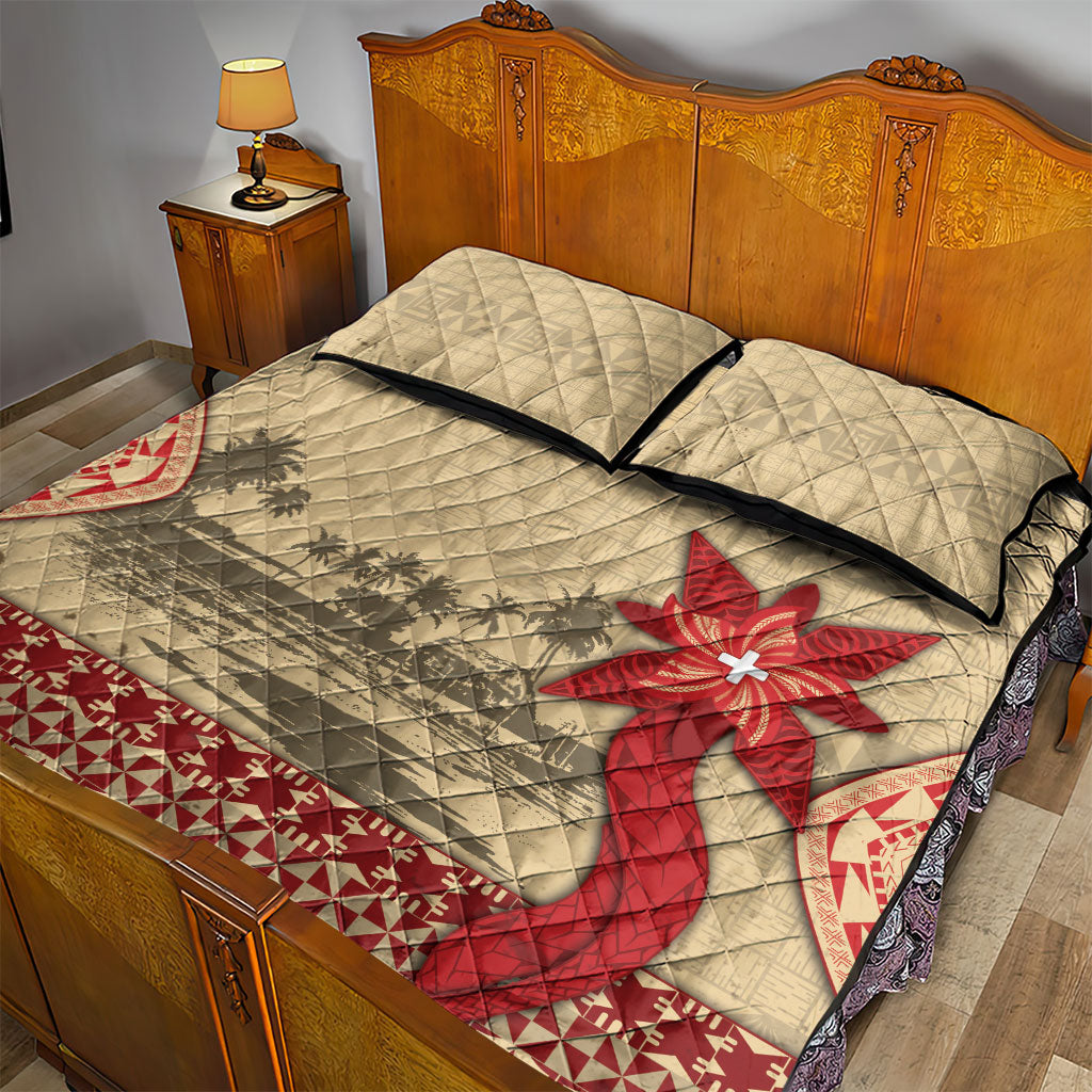 Tonga Language Week Quilt Bed Set Tribal Cross Ngatu Floral Pattern