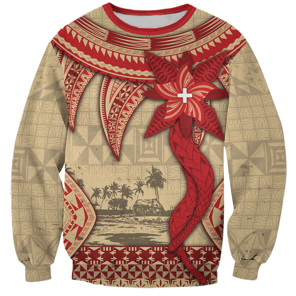 Tonga Language Week Sweatshirt Tribal Cross Ngatu Floral Pattern DT05 Unisex Red - Polynesian Pride