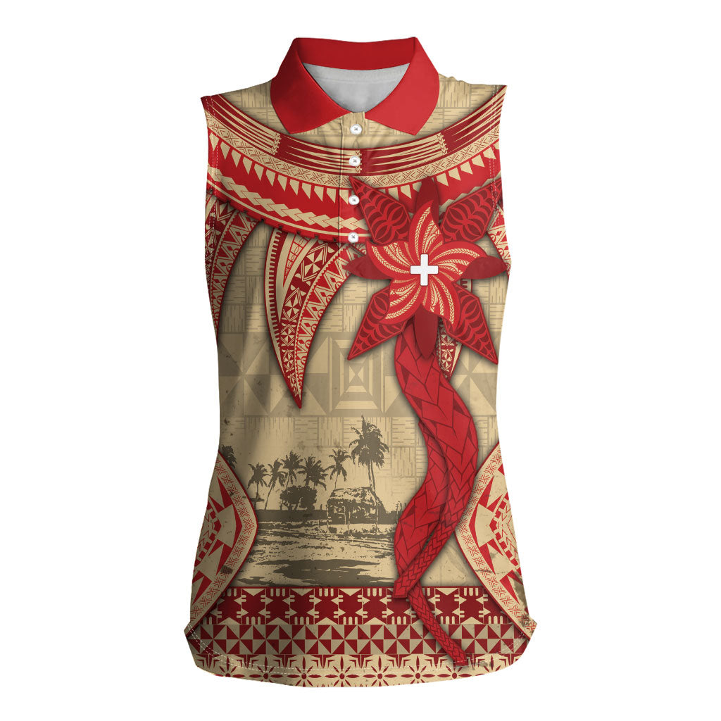 Tonga Language Week Women Sleeveless Polo Shirt Tribal Cross Ngatu Floral Pattern DT05 Female Red - Polynesian Pride