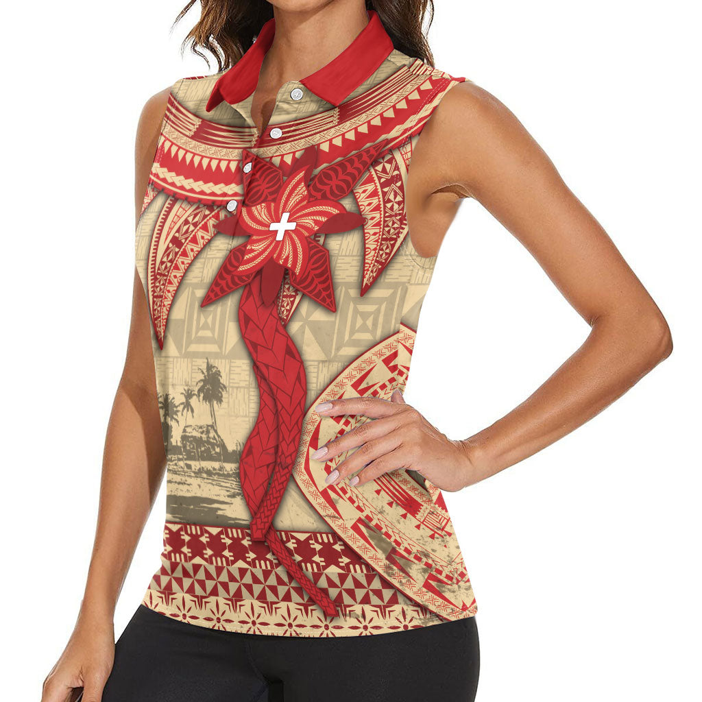 Tonga Language Week Women Sleeveless Polo Shirt Tribal Cross Ngatu Floral Pattern