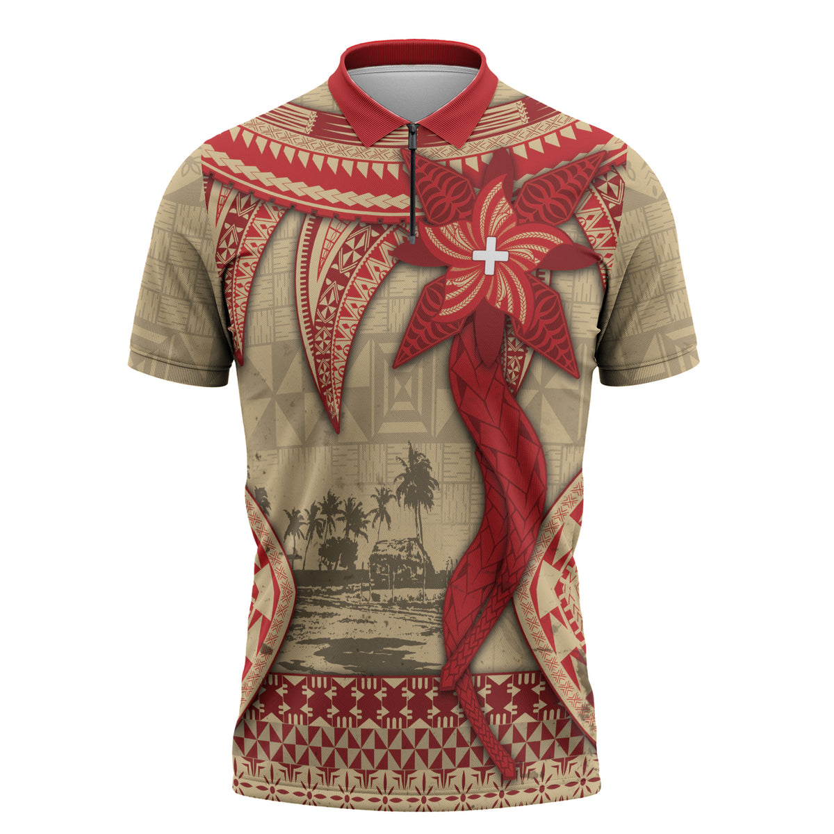 Tonga Language Week Zipper Polo Shirt Tribal Cross Ngatu Floral Pattern