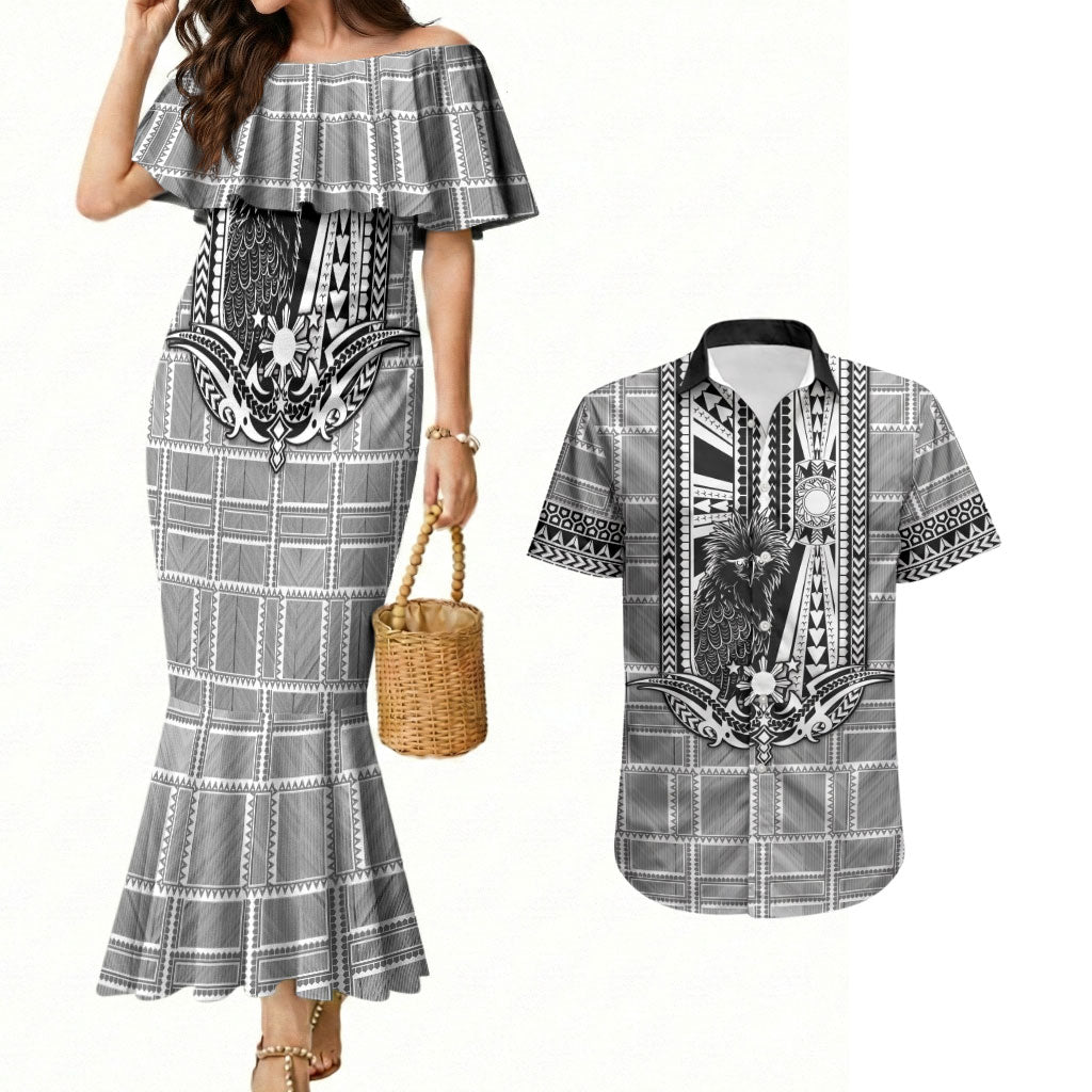 Mabuhay Philippines Festival Couples Matching Mermaid Dress and Hawaiian Shirt Philippine Eagle Sun Three Stars Barong Pattern DT05 Gray - Polynesian Pride