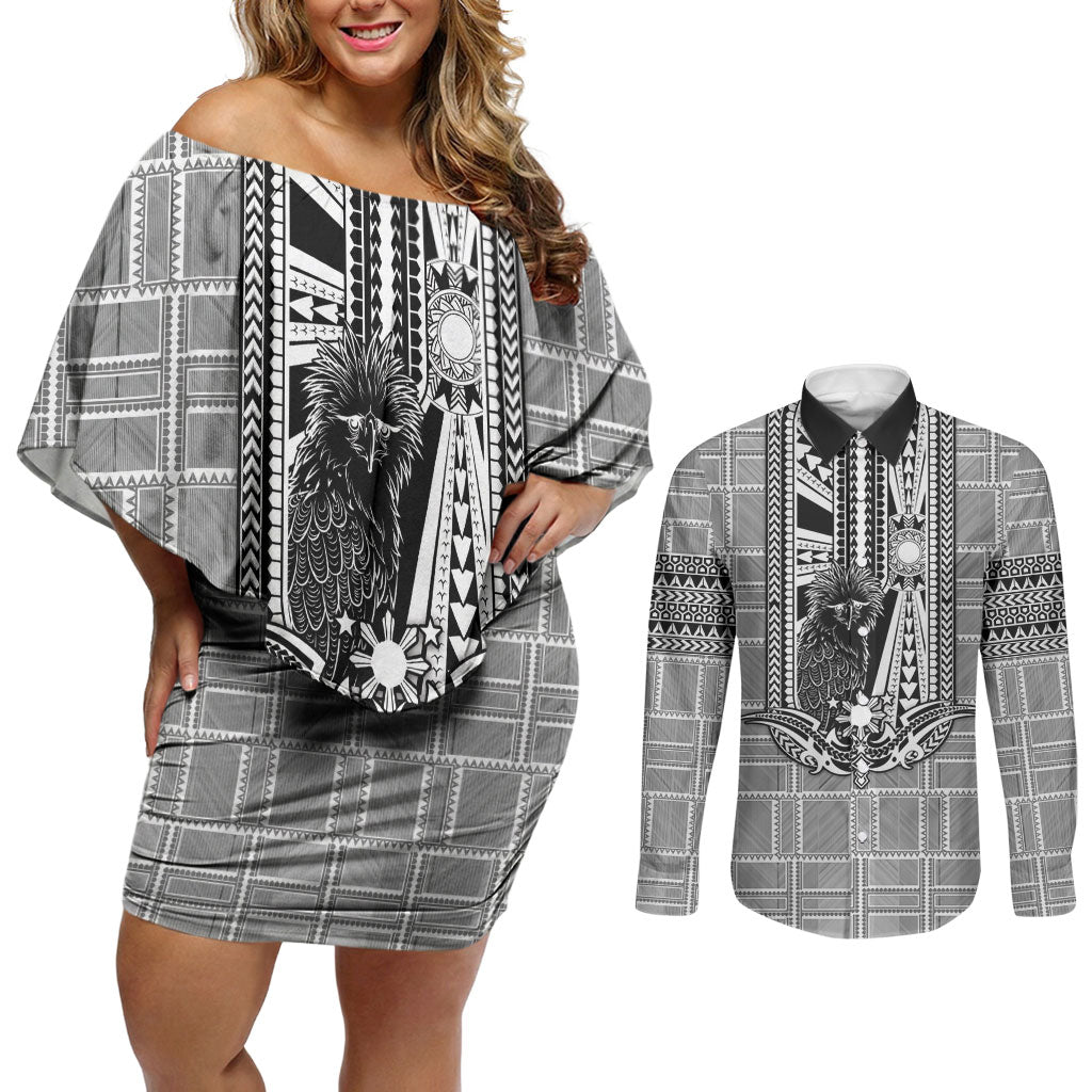 Mabuhay Philippines Festival Couples Matching Off Shoulder Short Dress and Long Sleeve Button Shirt Philippine Eagle Sun Three Stars Barong Pattern DT05 Gray - Polynesian Pride