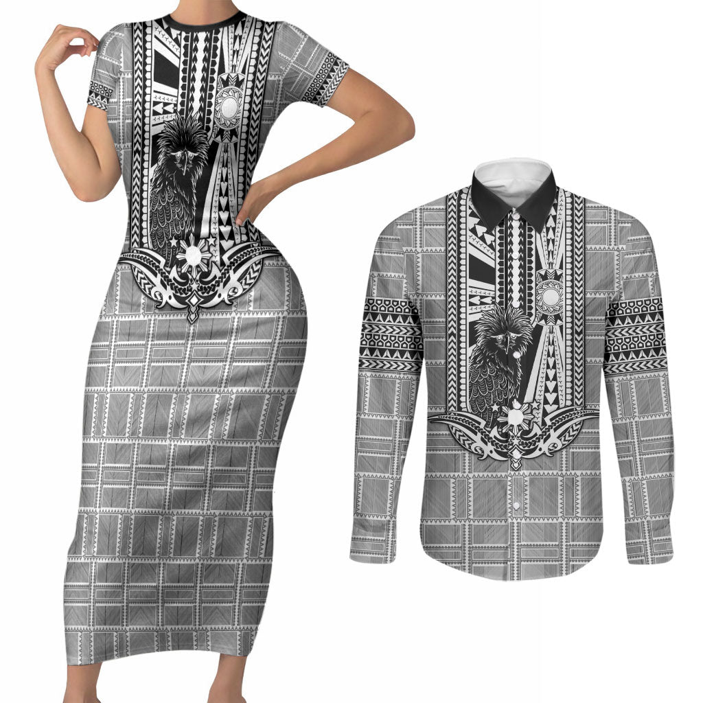 Mabuhay Philippines Festival Couples Matching Short Sleeve Bodycon Dress and Long Sleeve Button Shirt Philippine Eagle Sun Three Stars Barong Pattern DT05 Gray - Polynesian Pride