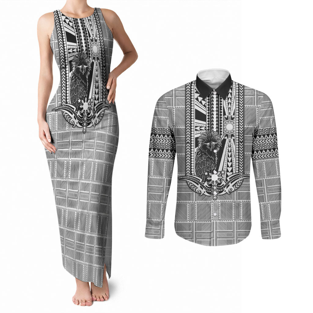 Mabuhay Philippines Festival Couples Matching Tank Maxi Dress and Long Sleeve Button Shirt Philippine Eagle Sun Three Stars Barong Pattern