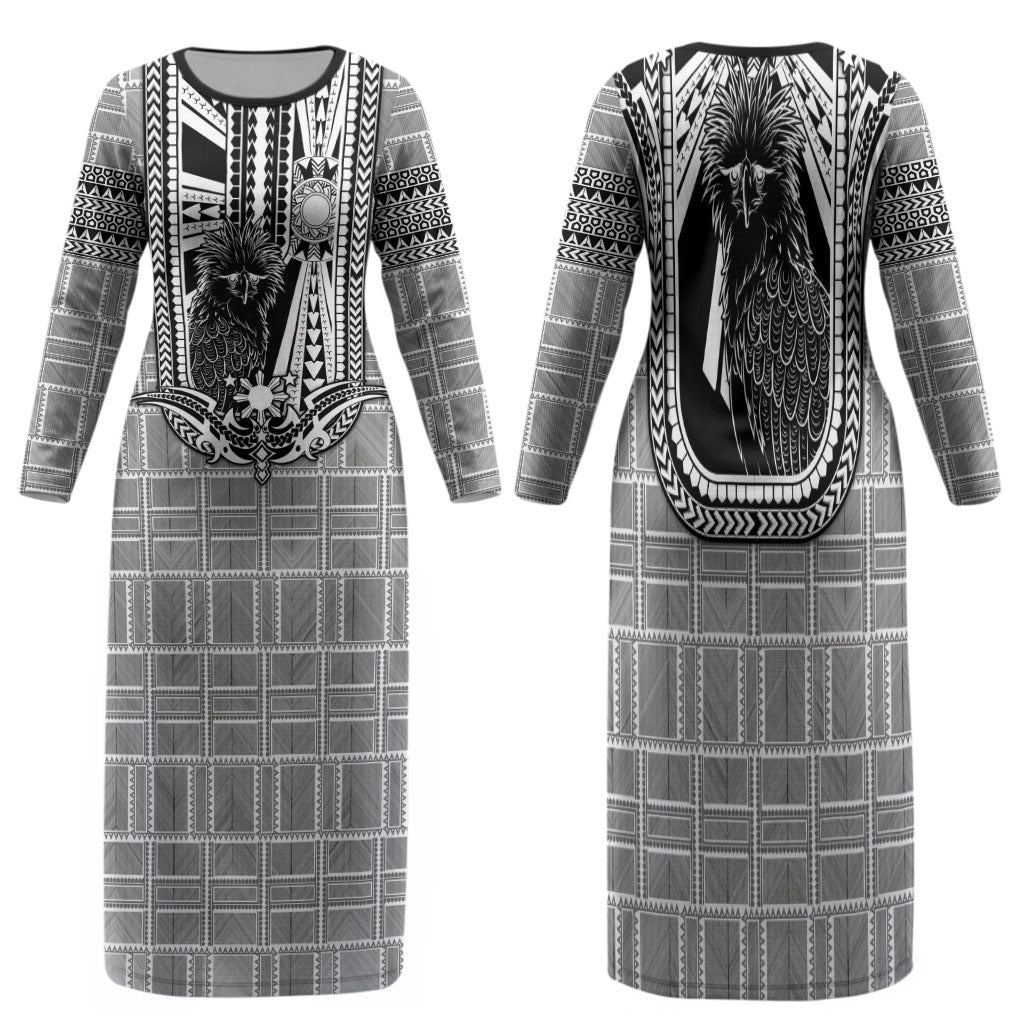 Mabuhay Philippines Festival Family Matching Long Sleeve Bodycon Dress and Hawaiian Shirt Philippine Eagle Sun Three Stars Barong Pattern DT05 Mom's Dress Gray - Polynesian Pride