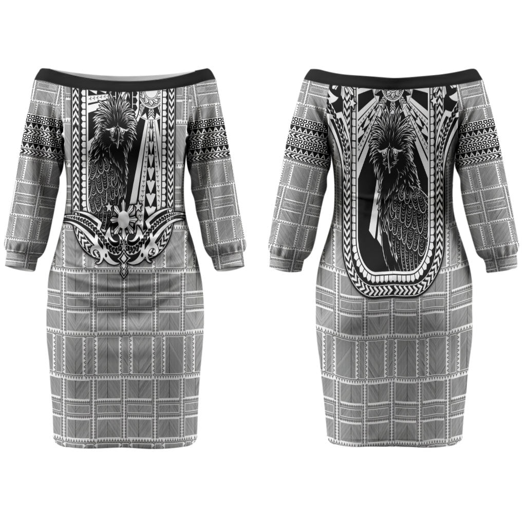 Mabuhay Philippines Festival Family Matching Off The Shoulder Long Sleeve Dress and Hawaiian Shirt Philippine Eagle Sun Three Stars Barong Pattern DT05 Mom's Dress Gray - Polynesian Pride