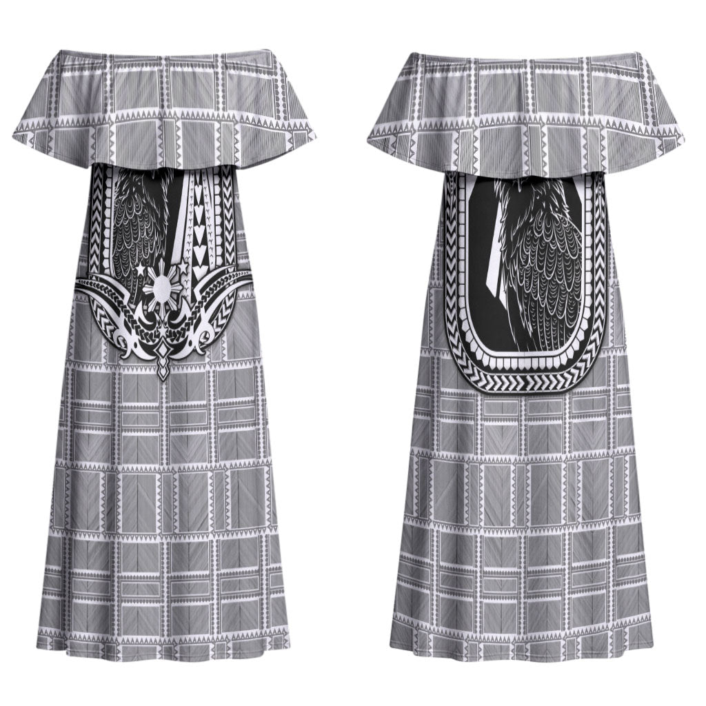 Mabuhay Philippines Festival Family Matching Off Shoulder Maxi Dress and Hawaiian Shirt Philippine Eagle Sun Three Stars Barong Pattern DT05 Mom's Dress Gray - Polynesian Pride