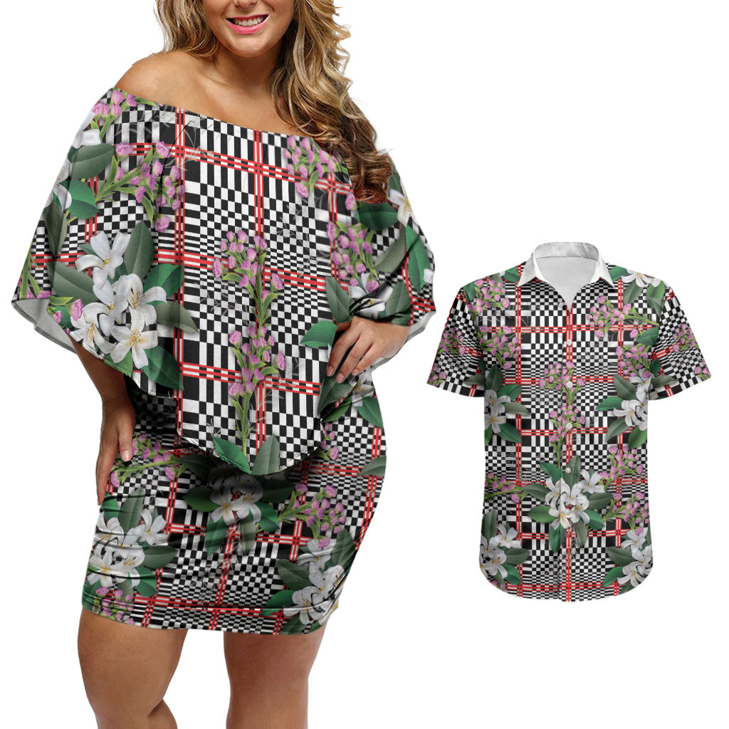 Red Binakol Motifs With Jasminum Sambac Couples Matching Off Shoulder Short Dress and Hawaiian Shirt Mabuhay Philippines Festival