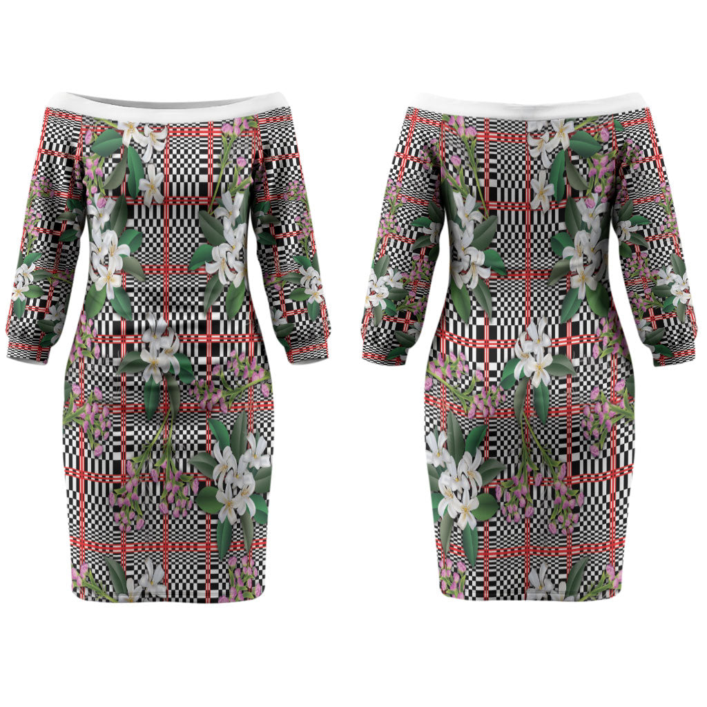 Red Binakol Motifs With Jasminum Sambac Couples Matching Off The Shoulder Long Sleeve Dress and Long Sleeve Button Shirt Mabuhay Philippines Festival DT05 - Polynesian Pride