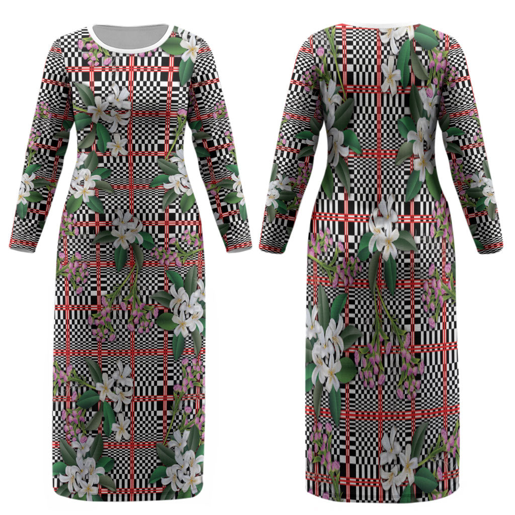 Red Binakol Motifs With Jasminum Sambac Family Matching Long Sleeve Bodycon Dress and Hawaiian Shirt Mabuhay Philippines Festival DT05 Mom's Dress Red - Polynesian Pride