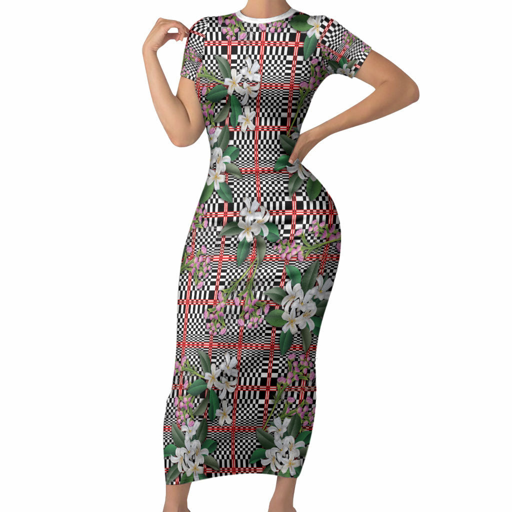 Red Binakol Motifs With Jasminum Sambac Short Sleeve Bodycon Dress Mabuhay Philippines Festival DT05 Long Dress Red - Polynesian Pride