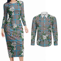Blue Binakol Motifs With Jasminum Sambac Couples Matching Long Sleeve Bodycon Dress and Long Sleeve Button Shirt Mabuhay Philippines Festival DT05 Blue - Polynesian Pride