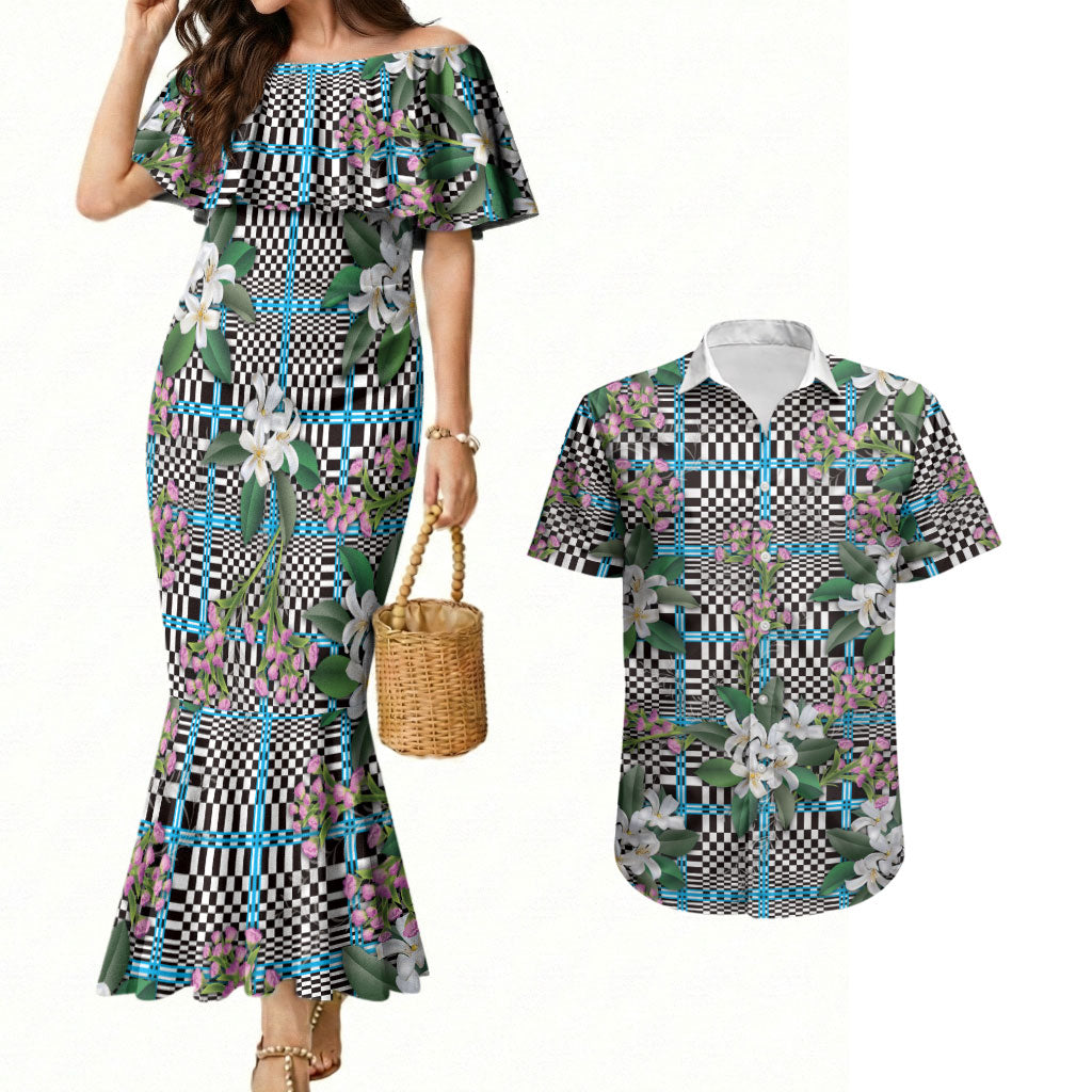 Blue Binakol Motifs With Jasminum Sambac Couples Matching Mermaid Dress and Hawaiian Shirt Mabuhay Philippines Festival DT05 Blue - Polynesian Pride
