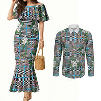 Blue Binakol Motifs With Jasminum Sambac Couples Matching Mermaid Dress and Long Sleeve Button Shirt Mabuhay Philippines Festival DT05 Blue - Polynesian Pride