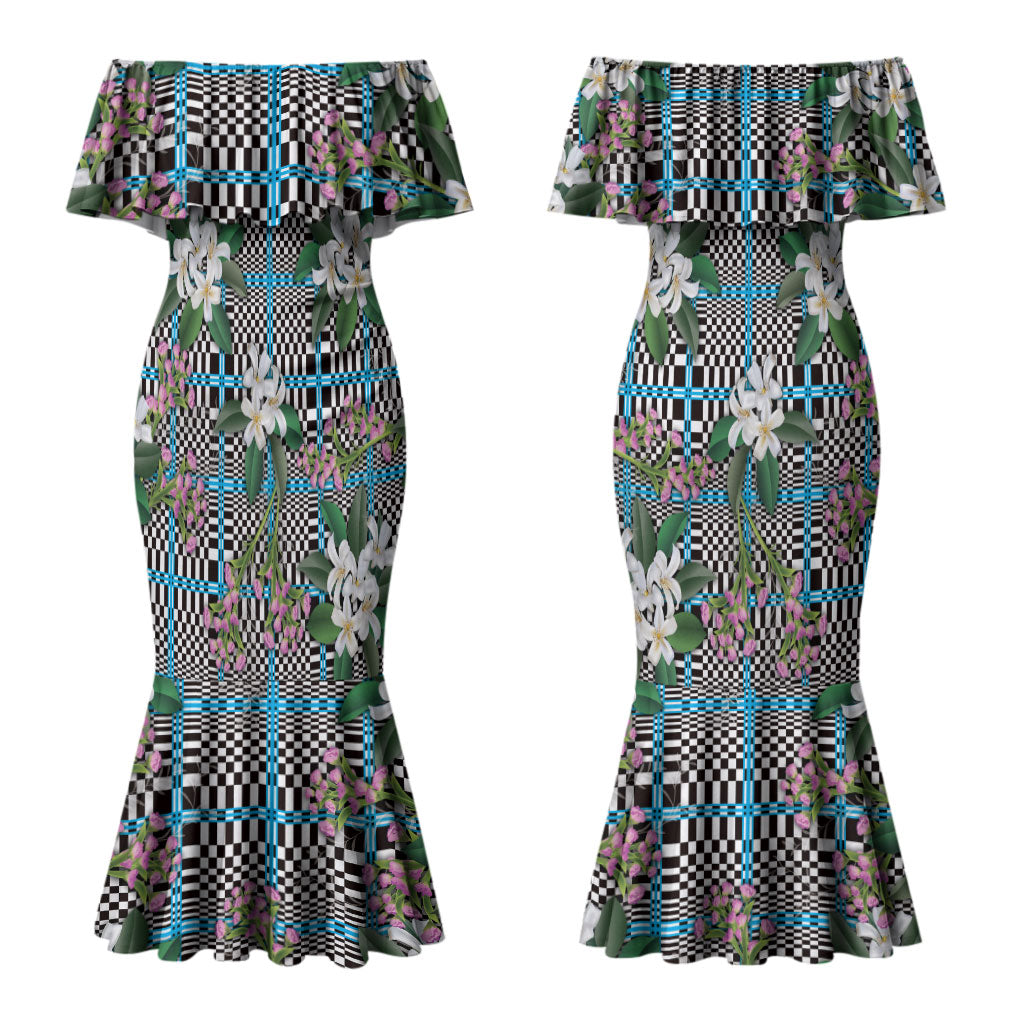 Blue Binakol Motifs With Jasminum Sambac Couples Matching Mermaid Dress and Long Sleeve Button Shirt Mabuhay Philippines Festival DT05 - Polynesian Pride
