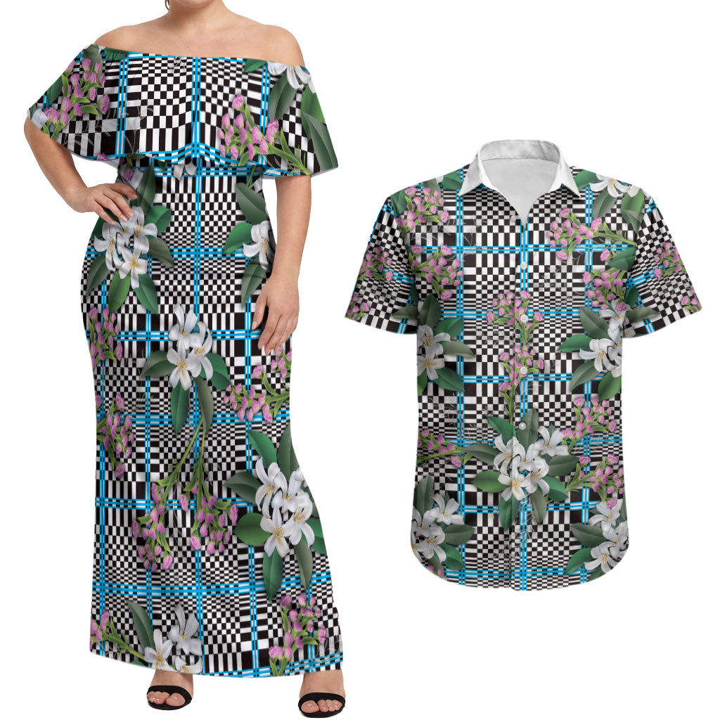 Blue Binakol Motifs With Jasminum Sambac Couples Matching Off Shoulder Maxi Dress and Hawaiian Shirt Mabuhay Philippines Festival DT05 Blue - Polynesian Pride