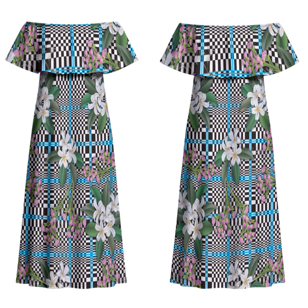 Blue Binakol Motifs With Jasminum Sambac Couples Matching Off Shoulder Maxi Dress and Hawaiian Shirt Mabuhay Philippines Festival DT05 - Polynesian Pride