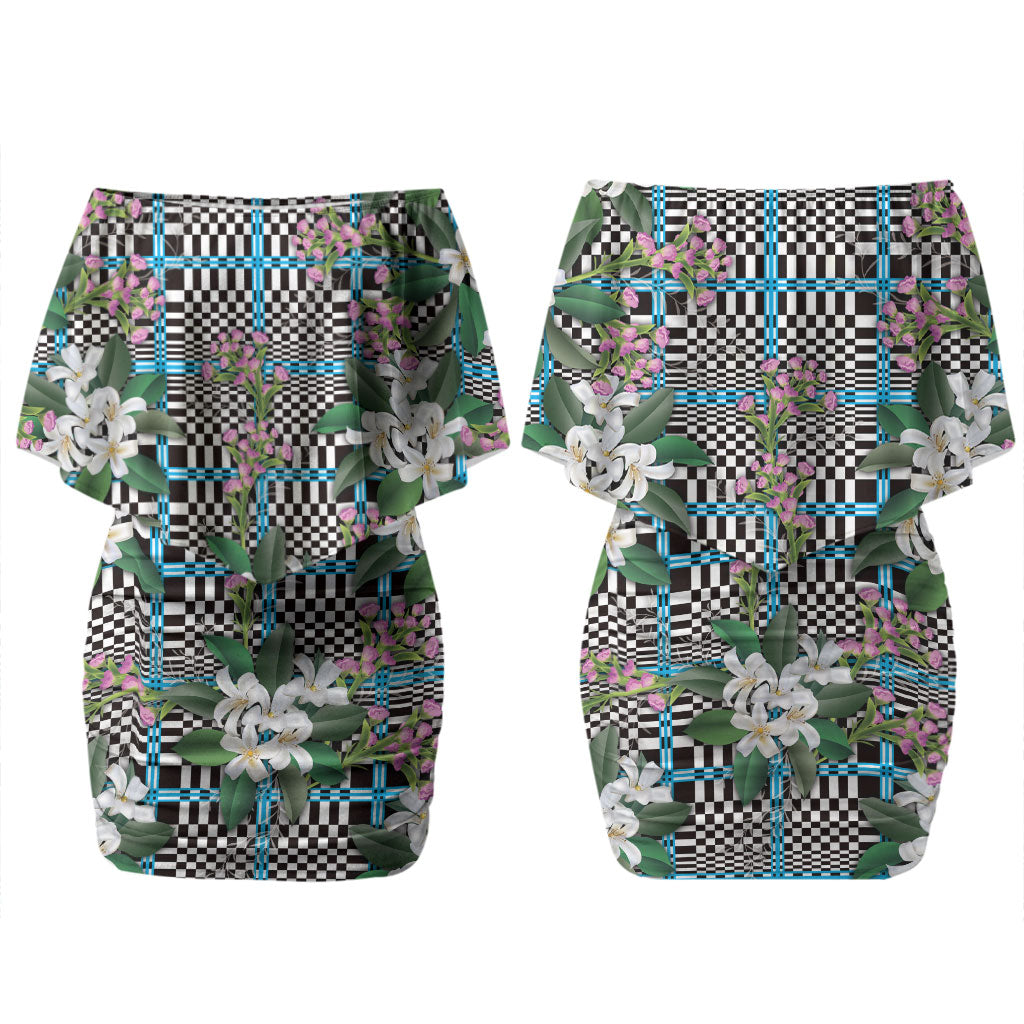 Blue Binakol Motifs With Jasminum Sambac Couples Matching Off Shoulder Short Dress and Hawaiian Shirt Mabuhay Philippines Festival DT05 - Polynesian Pride