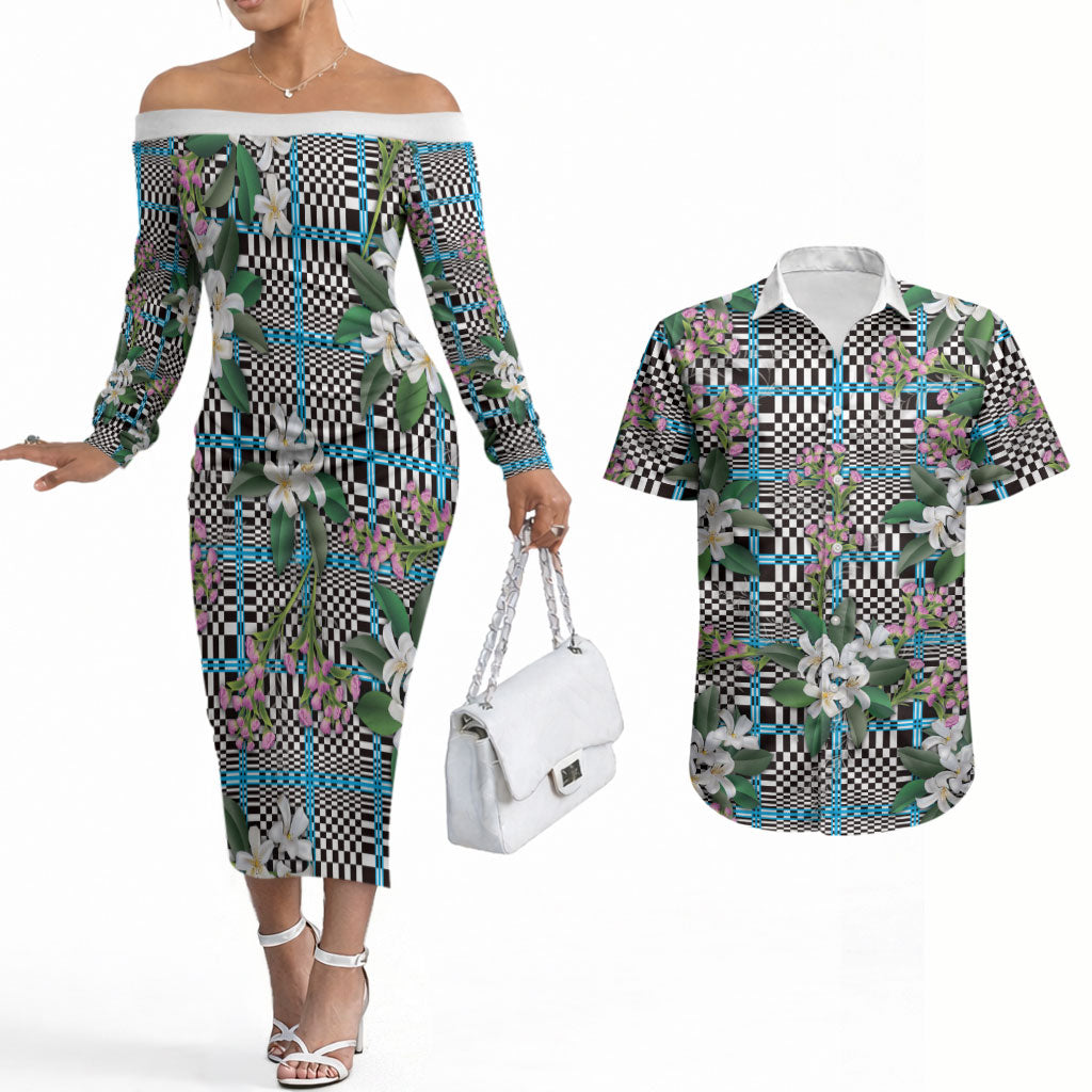 Blue Binakol Motifs With Jasminum Sambac Couples Matching Off The Shoulder Long Sleeve Dress and Hawaiian Shirt Mabuhay Philippines Festival DT05 Blue - Polynesian Pride