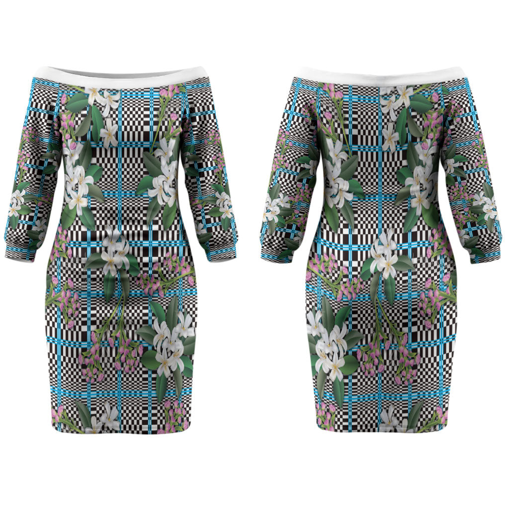 Blue Binakol Motifs With Jasminum Sambac Couples Matching Off The Shoulder Long Sleeve Dress and Long Sleeve Button Shirt Mabuhay Philippines Festival DT05 - Polynesian Pride