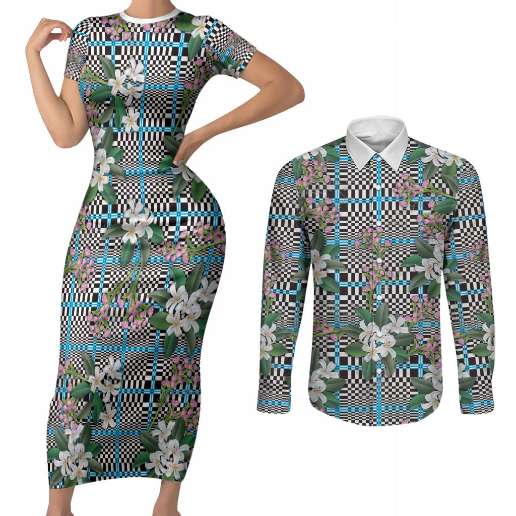 Blue Binakol Motifs With Jasminum Sambac Couples Matching Short Sleeve Bodycon Dress and Long Sleeve Button Shirt Mabuhay Philippines Festival