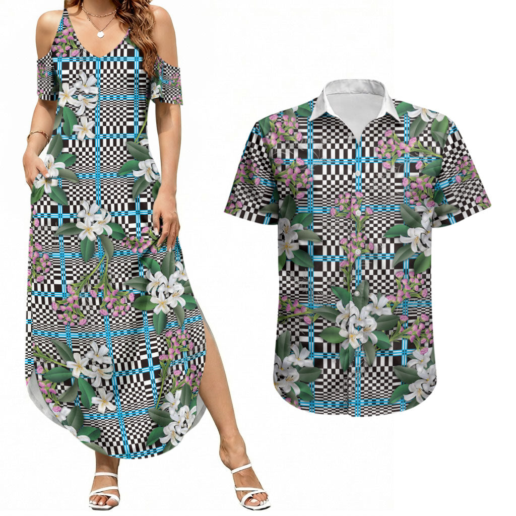 Blue Binakol Motifs With Jasminum Sambac Couples Matching Summer Maxi Dress and Hawaiian Shirt Mabuhay Philippines Festival