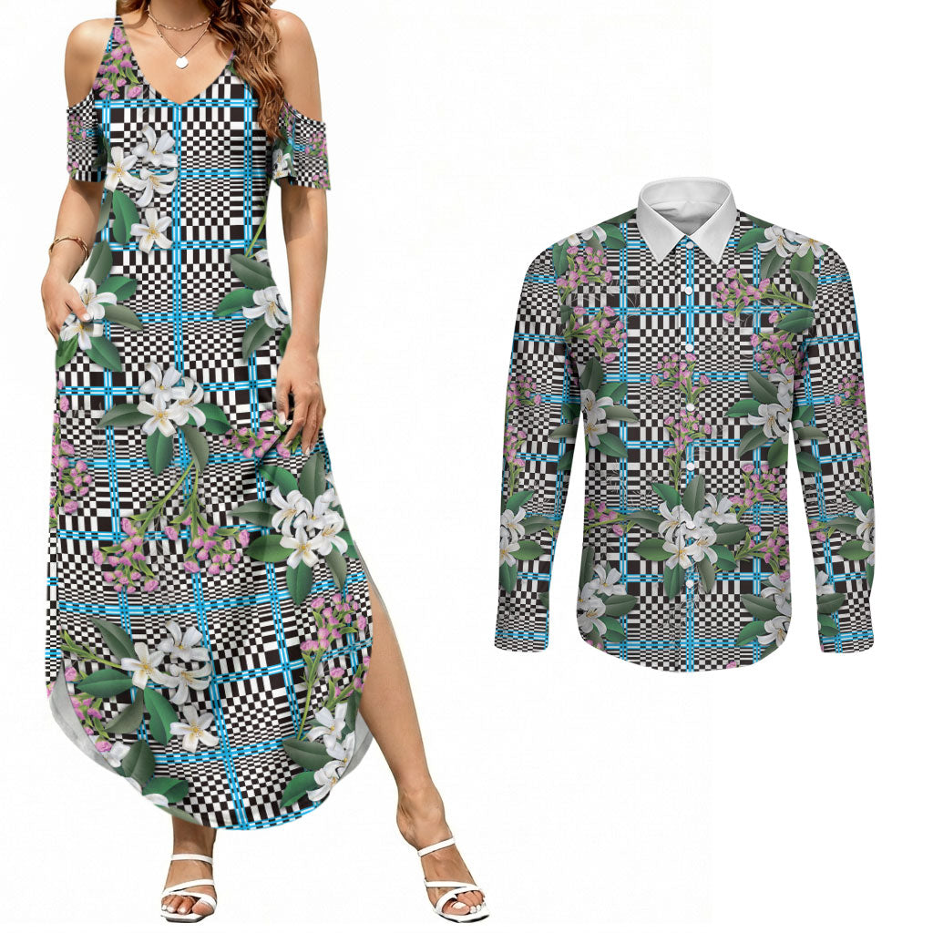 Blue Binakol Motifs With Jasminum Sambac Couples Matching Summer Maxi Dress and Long Sleeve Button Shirt Mabuhay Philippines Festival DT05 Blue - Polynesian Pride