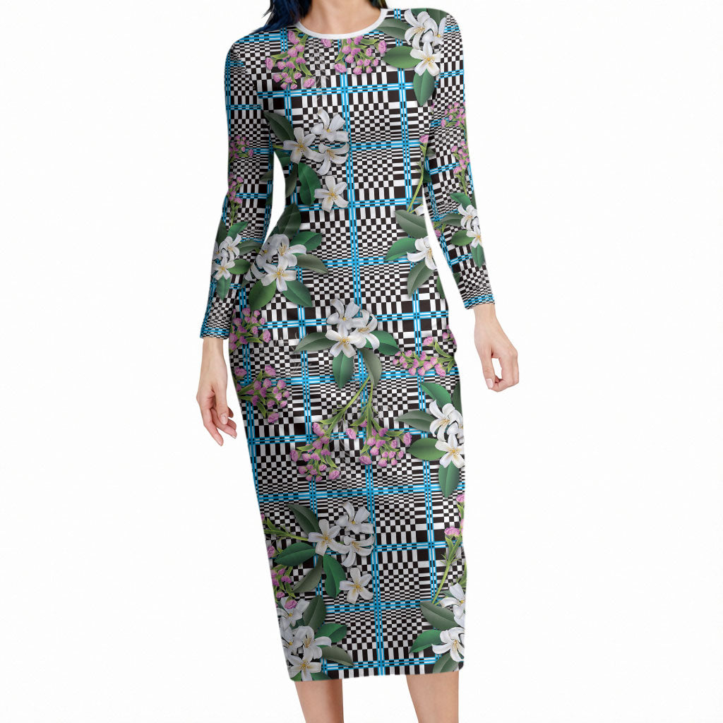 Blue Binakol Motifs With Jasminum Sambac Long Sleeve Bodycon Dress Mabuhay Philippines Festival DT05 Long Dress Blue - Polynesian Pride