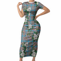 Blue Binakol Motifs With Jasminum Sambac Short Sleeve Bodycon Dress Mabuhay Philippines Festival DT05 Long Dress Blue - Polynesian Pride