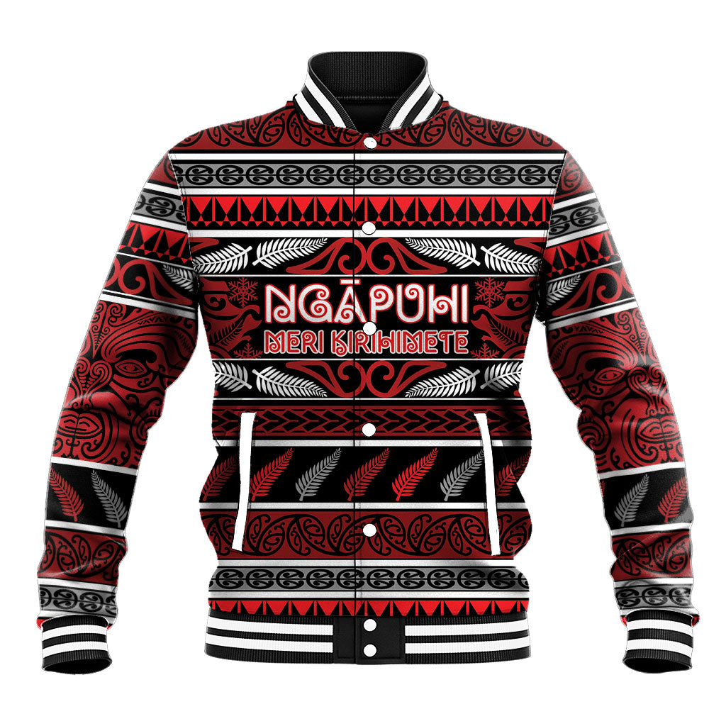 Personalised Ngapuhi Aotearoa Meri Kirihimete Baseball Jacket Maori Silver Fern Koru Tribal Pattern DT05 Unisex Red - Polynesian Pride