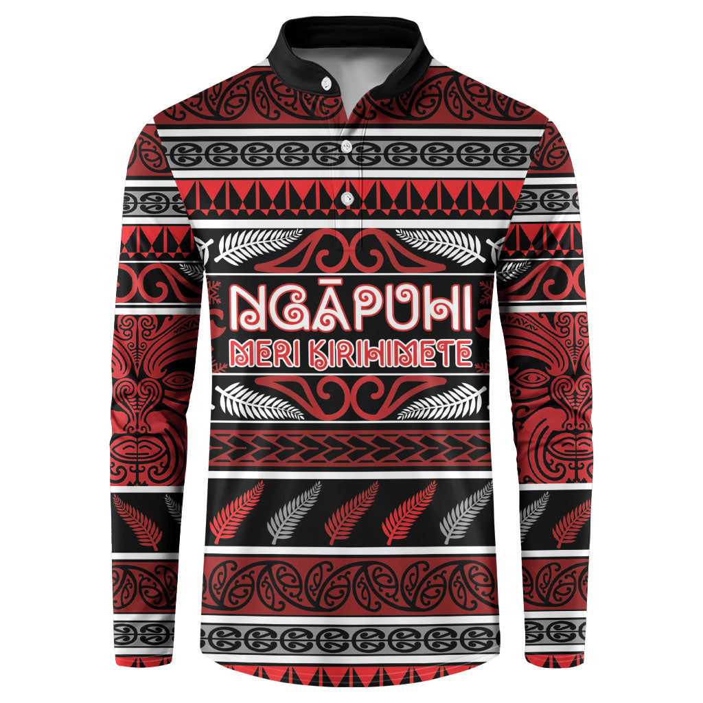 Personalised Ngapuhi Aotearoa Meri Kirihimete Button Sweatshirt Maori Silver Fern Koru Tribal Pattern DT05 Red - Polynesian Pride
