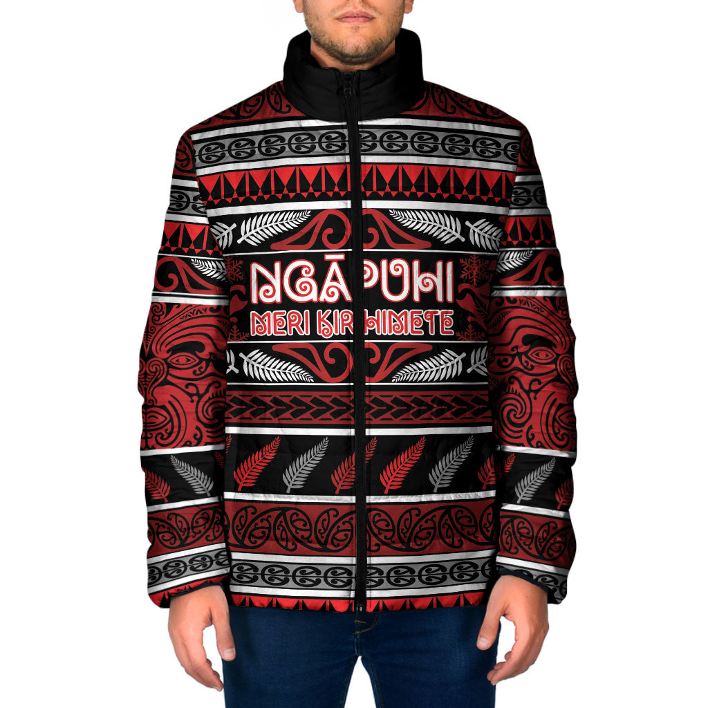 Personalised Ngapuhi Aotearoa Meri Kirihimete Padded Jacket Maori Silver Fern Koru Tribal Pattern DT05 Men Red - Polynesian Pride
