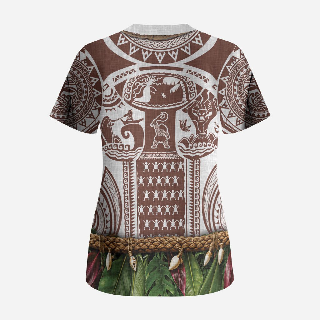 Polynesia Maui Umber Tattoo Inspired Scrub Top Tropical Leaf Skirt Costume DT05 - Polynesian Pride