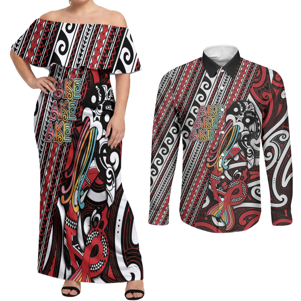 Personalised Maori Language Week Couples Matching Off Shoulder Maxi Dress and Long Sleeve Button Shirt Ake Ake Ake Tribal Patterns