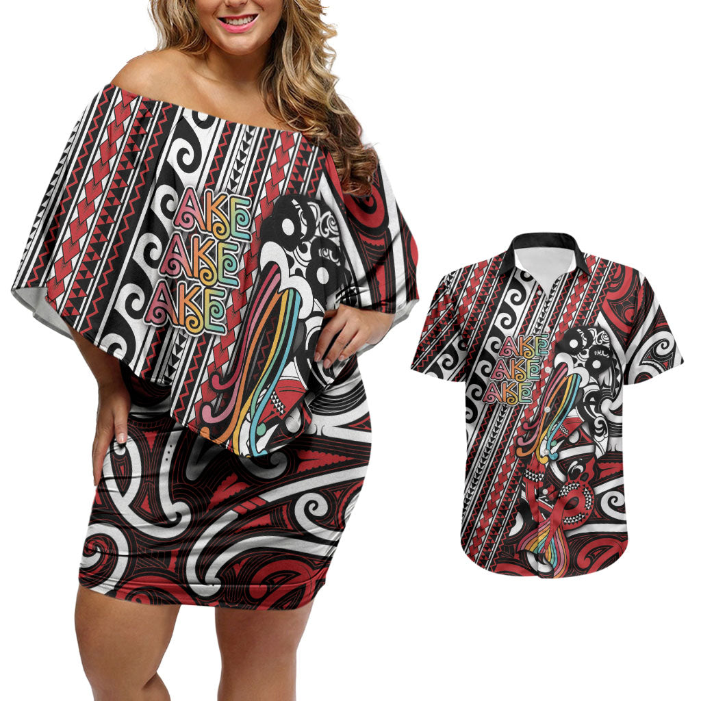Personalised Maori Language Week Couples Matching Off Shoulder Short Dress and Hawaiian Shirt Ake Ake Ake Tribal Patterns