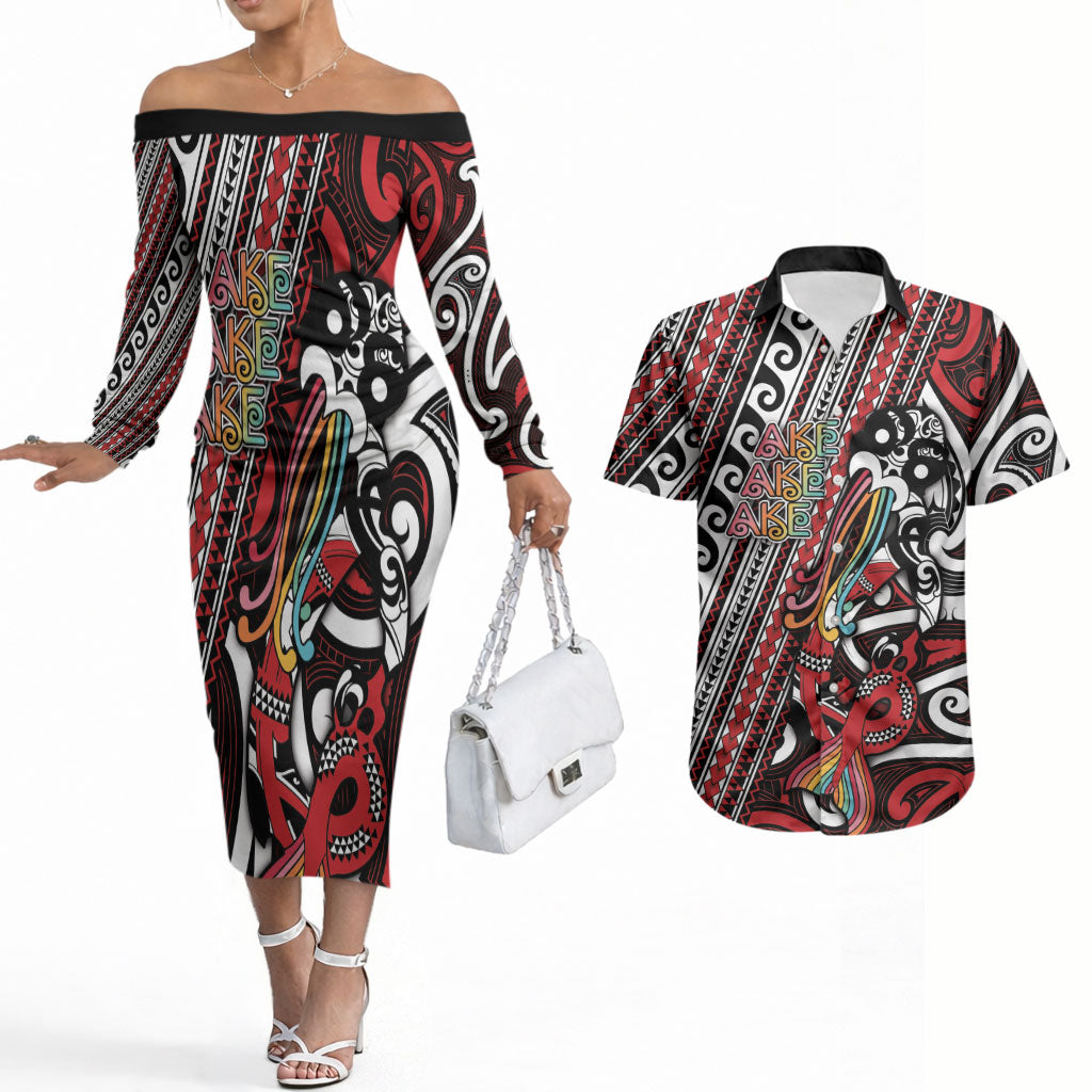 Personalised Maori Language Week Couples Matching Off The Shoulder Long Sleeve Dress and Hawaiian Shirt Ake Ake Ake Tribal Patterns DT05 Red - Polynesian Pride