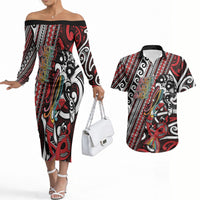 Personalised Maori Language Week Couples Matching Off The Shoulder Long Sleeve Dress and Hawaiian Shirt Ake Ake Ake Tribal Patterns DT05 Red - Polynesian Pride