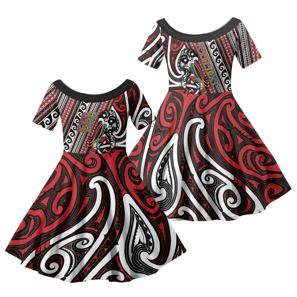 Personalised Maori Language Week Family Matching Off The Shoulder Long Sleeve Dress and Hawaiian Shirt Ake Ake Ake Tribal Patterns