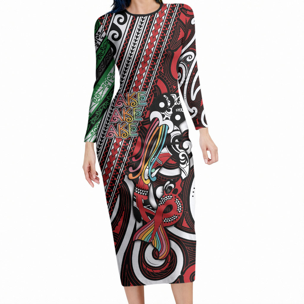 Personalised Maori Language Week Long Sleeve Bodycon Dress Ake Ake Ake Tribal Patterns DT05 Long Dress Red - Polynesian Pride