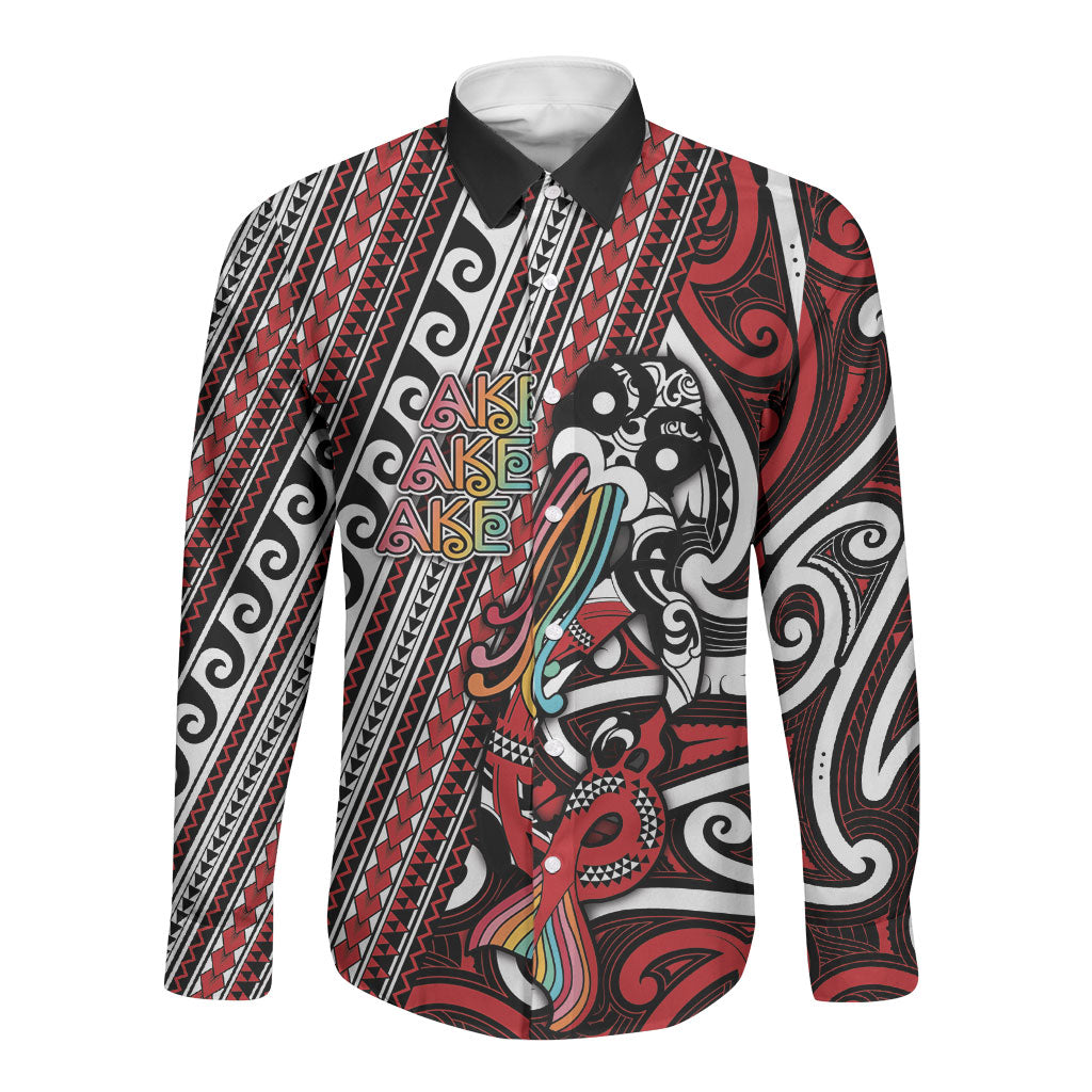 Personalised Maori Language Week Long Sleeve Button Shirt Ake Ake Ake Tribal Patterns DT05 Unisex Red - Polynesian Pride