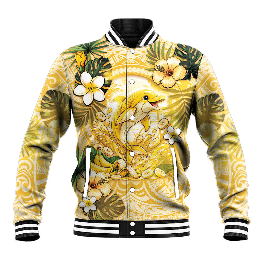 Hawaii Banana Dolphin Baseball Jacket Cute Cosplay Naiʻa Fish Tribal Patterns DT05 Unisex Yellow - Polynesian Pride