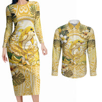 Hawaii Banana Dolphin Couples Matching Long Sleeve Bodycon Dress and Long Sleeve Button Shirt Cute Cosplay Naiʻa Fish Tribal Patterns DT05 Yellow - Polynesian Pride