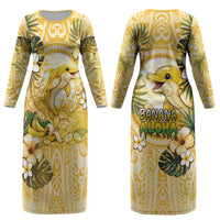 Hawaii Banana Dolphin Couples Matching Long Sleeve Bodycon Dress and Long Sleeve Button Shirt Cute Cosplay Naiʻa Fish Tribal Patterns DT05 - Polynesian Pride