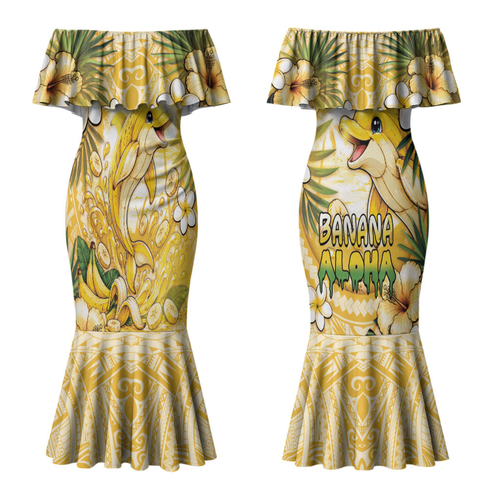 Hawaii Banana Dolphin Couples Matching Mermaid Dress and Hawaiian Shirt Cute Cosplay Naiʻa Fish Tribal Patterns DT05 - Polynesian Pride