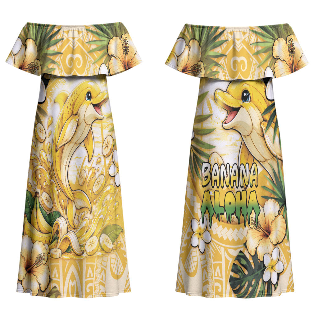 Hawaii Banana Dolphin Couples Matching Off Shoulder Maxi Dress and Hawaiian Shirt Cute Cosplay Naiʻa Fish Tribal Patterns DT05 - Polynesian Pride